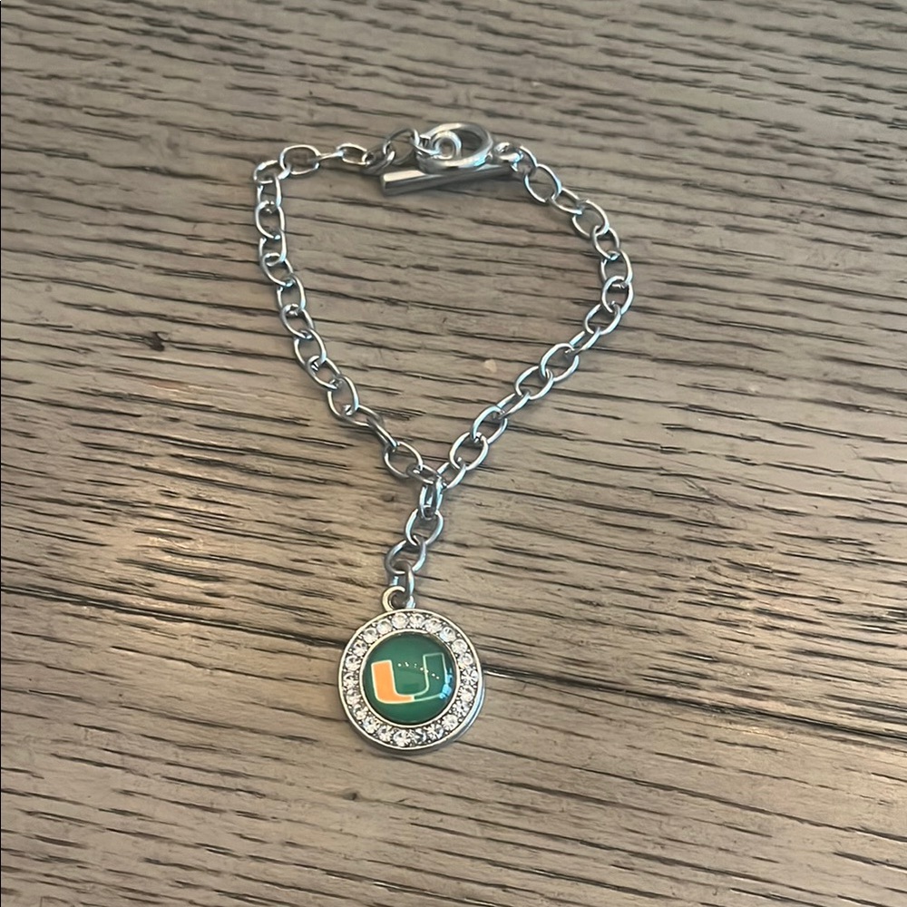 Silver Bracelet with Green and Orange University of Miami Charm